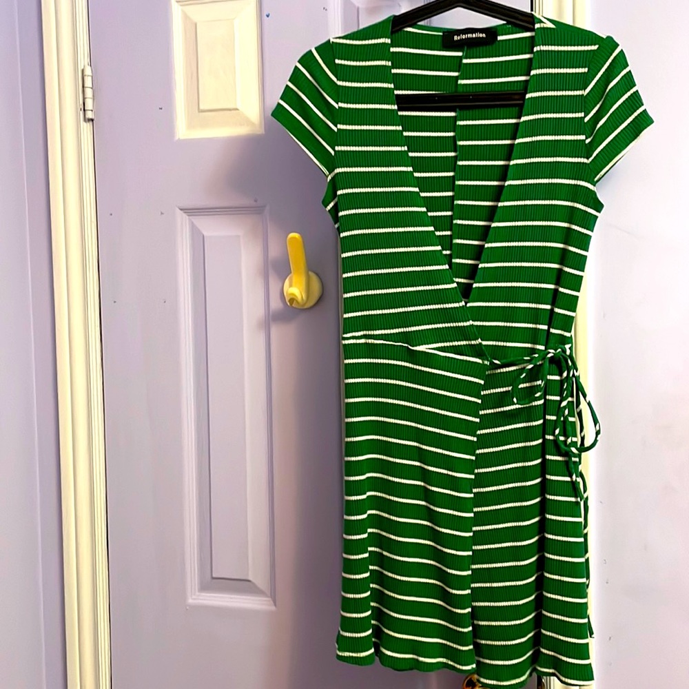 REFORMATION Size 2  Green and White Mini Wrap Dress